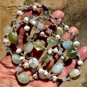 SUNDANCE $188 NEW 36" Amazonite Pearl Crystal Macrame Silver Bead Long Necklace